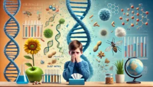 Illustration showing the connection between genetics and childhood allergies, featuring a DNA strand alongside allergy triggers like pollen and peanuts